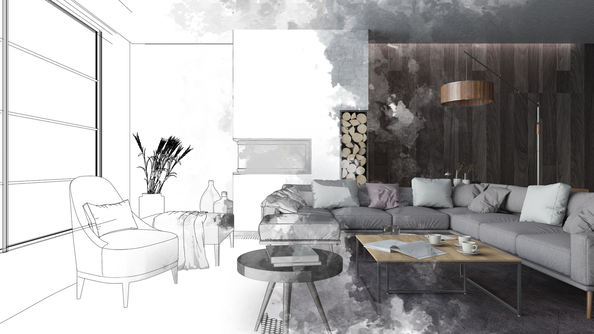 Half Drawing Sketch Modern Living Room Interior